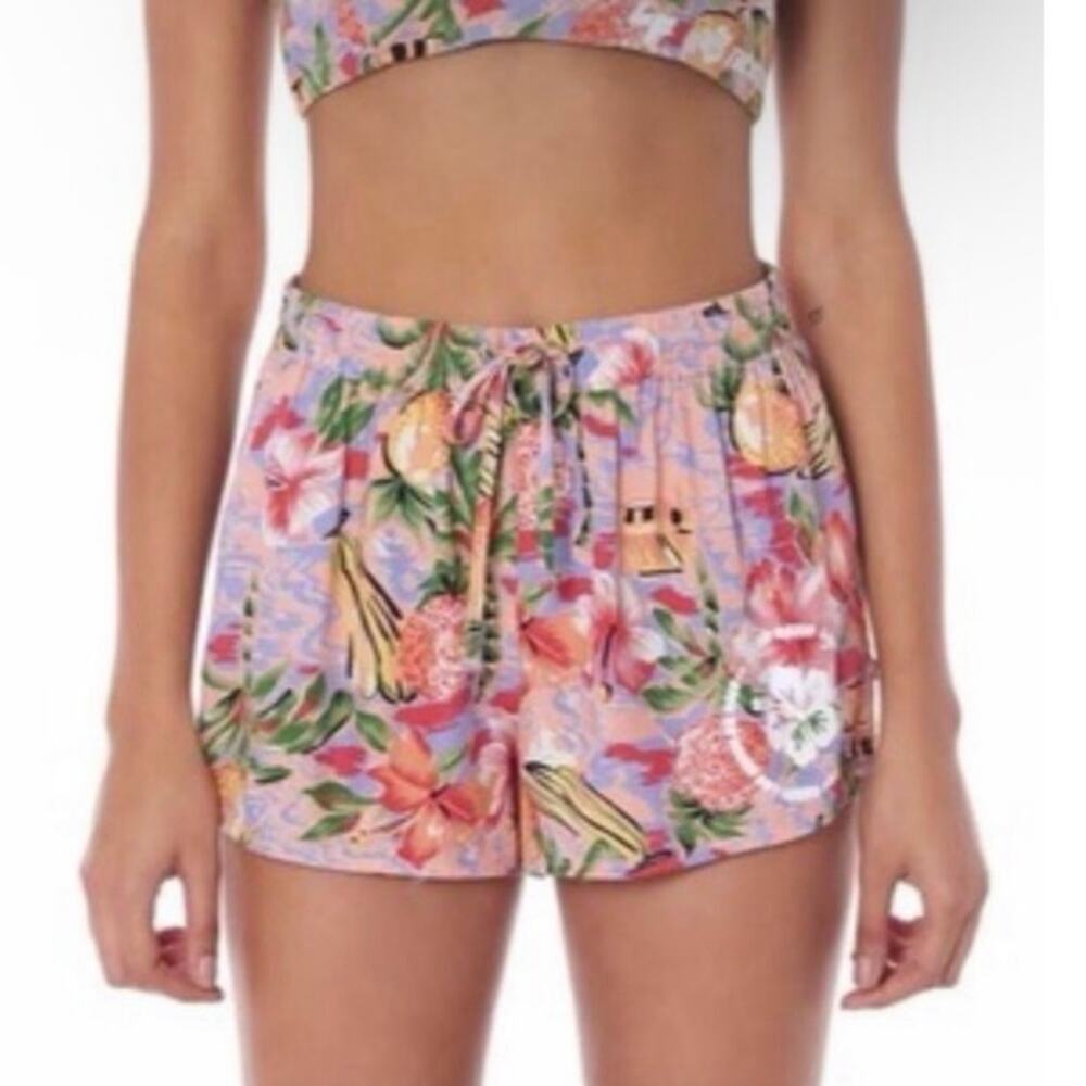 LF The Brand Women's Tropical Hawaiian Print High Rise Rayon Shorts Colorful NWT